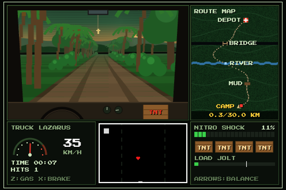 Lazarus gameplay: a truck cab view of a jungle road, with route map, speedometer and nitro shock gauges